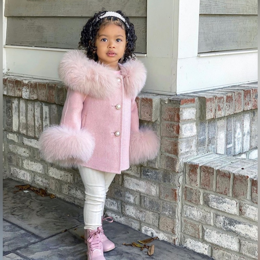 Bobble babies pink coat with fur hood & cuffs